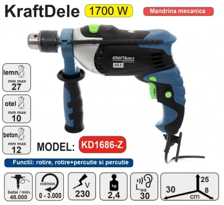 Bormasina cu trei functii 13mm 1700W KraftDele KD1686-Z