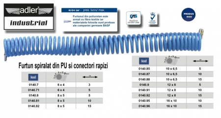 Furtun spiralat conectori aer comprimat din PU  6 x 4mm; 3m; 11-32 bari. ADLER AD0140.7