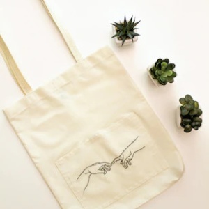 Geanta Tote Bag The Creation of Adam, Evergreen Handmade, Bej, 37 x 30 cm