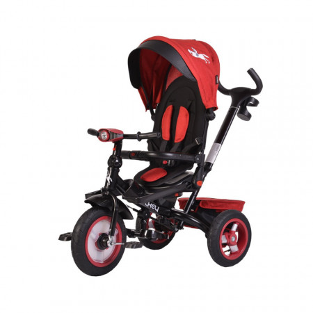Tricicleta cu copertina detasabila NOVOKIDS™ Jockey Trike , Cu far luminos si melodii, Roti gonflabile din cauciuc, Pozitie somn, Pedale si maner pentru parinti, Scaun reversibil cu rotire 360 grade , Cadru metalic, dimensiuni 120X54X100 cm, Rosu