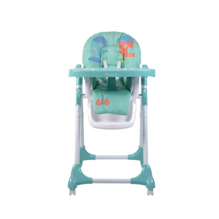 Scaun de masa premium pentru copii si bebe NOVOKIDS™ Kimchi Baby, 6 trepte de inaltime,Pliabil , Centura de siguranta 5 puncte, Spatar reglabil in 3 trepte, Masuta detasabila, Pozitie somn, Cosulet de depozitare, Roti cu frana , Verde Turquoise
