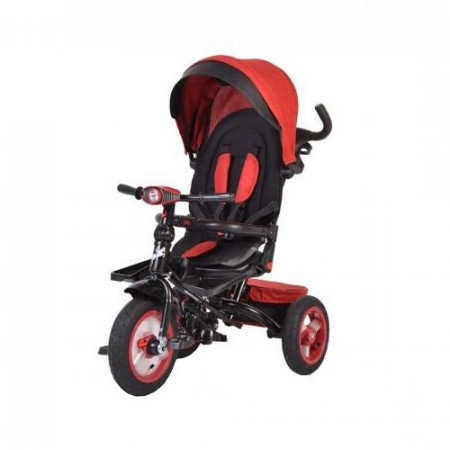 Tricicleta cu copertina detasabila NOVOKIDS™ Jockey Trike , Cu far luminos si melodii, Roti gonflabile din cauciuc, Pozitie somn, Pedale si maner pentru parinti, Scaun reversibil cu rotire 360 grade , Cadru metalic, dimensiuni 120X54X100 cm, Rosu