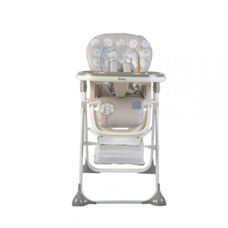 Scaun de masa premium pentru copii si bebe NOVOKIDS™ Hunny Baby, Reglabil in 6 trepte de inaltime,Pliabil , Centura de siguranta 5 puncte, Spatar reglabil in 3 trepte, Masuta detasabila, Pozitie somn, Cosulet de depozitare, Model Pasarele , Gri