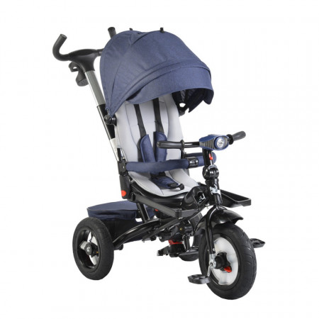 Tricicleta cu copertina detasabila NOVOKIDS™ Jockey Trike , Cu far luminos si melodii, Roti gonflabile din cauciuc, Pozitie somn, Pedale si maner pentru parinti, Scaun reversibil cu rotire 360 grade , Cadru metalic, dimensiuni 120X54X100 cm, Albastru