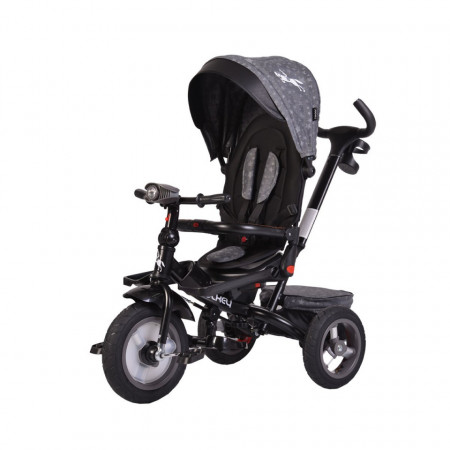 Tricicleta cu copertina detasabila NOVOKIDS™ Jockey Trike , Cu far luminos si melodii, Roti gonflabile din cauciuc, Pozitie somn, Pedale si maner pentru parinti, Scaun reversibil cu rotire 360 grade , Cadru metalic, dimensiuni 120X54X100 cm, Gri