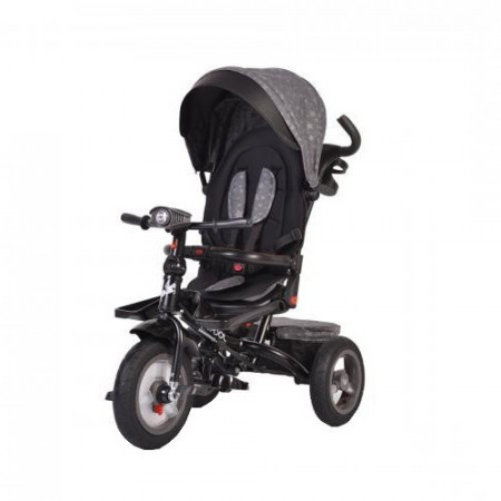 Tricicleta cu copertina detasabila NOVOKIDS™ Jockey Trike , Cu far luminos si melodii, Roti gonflabile din cauciuc, Pozitie somn, Pedale si maner pentru parinti, Scaun reversibil cu rotire 360 grade , Cadru metalic, dimensiuni 120X54X100 cm, Gri