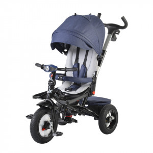 Tricicleta cu copertina detasabila NOVOKIDS™ Jockey Trike , Cu far luminos si melodii, Roti gonflabile din cauciuc, Pozitie somn, Pedale si maner pentru parinti, Scaun reversibil cu rotire 360 grade , Cadru metalic, dimensiuni 120X54X100 cm, Albastru