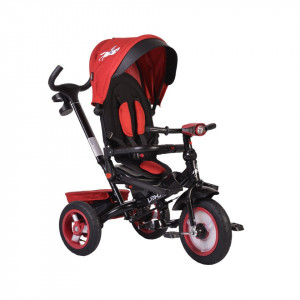Tricicleta cu copertina detasabila NOVOKIDS™ Jockey Trike , Cu far luminos si melodii, Roti gonflabile din cauciuc, Pozitie somn, Pedale si maner pentru parinti, Scaun reversibil cu rotire 360 grade , Cadru metalic, dimensiuni 120X54X100 cm, Rosu