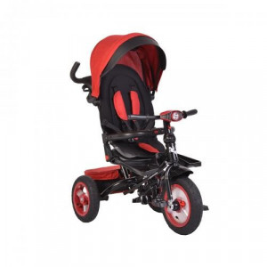 Tricicleta cu copertina detasabila NOVOKIDS™ Jockey Trike , Cu far luminos si melodii, Roti gonflabile din cauciuc, Pozitie somn, Pedale si maner pentru parinti, Scaun reversibil cu rotire 360 grade , Cadru metalic, dimensiuni 120X54X100 cm, Rosu