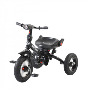 Tricicleta cu copertina detasabila NOVOKIDS™ Jockey Trike , Cu far luminos si melodii, Roti gonflabile din cauciuc, Pozitie somn, Pedale si maner pentru parinti, Scaun reversibil cu rotire 360 grade , Cadru metalic, dimensiuni 120X54X100 cm, Beige