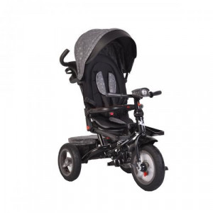 Tricicleta cu copertina detasabila NOVOKIDS™ Jockey Trike , Cu far luminos si melodii, Roti gonflabile din cauciuc, Pozitie somn, Pedale si maner pentru parinti, Scaun reversibil cu rotire 360 grade , Cadru metalic, dimensiuni 120X54X100 cm, Gri