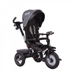 Tricicleta cu copertina detasabila NOVOKIDS™ Jockey Trike , Cu far luminos si melodii, Roti gonflabile din cauciuc, Pozitie somn, Pedale si maner pentru parinti, Scaun reversibil cu rotire 360 grade , Cadru metalic, dimensiuni 120X54X100 cm, Gri