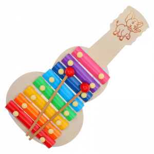 Xilofon din lemn, pentru copii, forma chitara, NO288, 33,5 x 17 cm, Multicolor