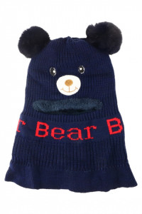 Caciula tip cagula, pentru copii, tricotata, interior imblanit, Ciucuri, Bear, NO7742, 2-3 ani, Albastru inchis
