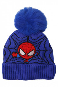 Caciula pentru copii tricotata, captuseala fleece, ciucure, Spider-Man, NO8306, 4-5 ani, Albastru
