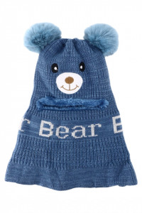Caciula tip cagula, pentru copii, tricotata, interior imblanit, Ciucuri, Bear, NO7743, 2-3 ani, Albastru
