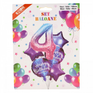 Set 6 Baloane folie, Cifra 4 si Happy Birthday, Multicolor