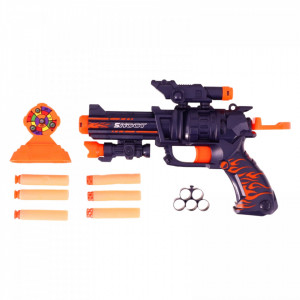 Pistol Nerf pentru copii cu 6 gloante moi din spuma, tinta, 14 x 15 cm, 6 ani, Portocaliu