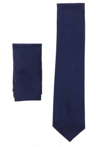 Set Cravata cu batista, model ingust, aspect texturat, imprimeu floral, 6 x 150 cm, NO6205, Bleumarin