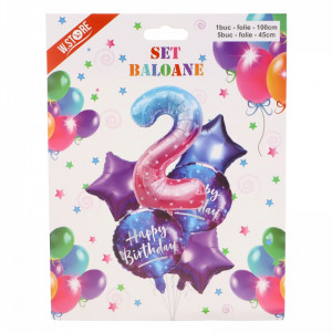 Set 6 Baloane folie, Cifra 2 si Happy Birthday, Multicolor