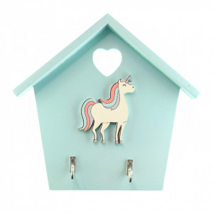 Cuier pentru chei, model casuta din lemn cu unicorn, Bleu
