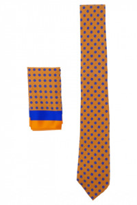 Set Cravata cu batista, model ingust, aspect texturat, imprimeu floral, 6.5 x 150 cm, NO2045, Mustar