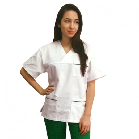 Bluza Medicala Anchior  Unisex Alba cu insertii verzi