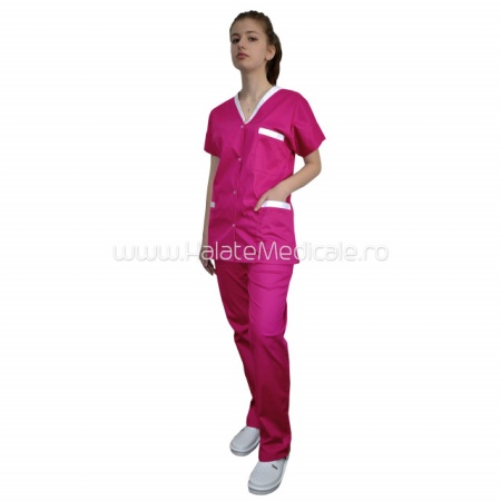 Costum medical dama amarant din material subtire usor elastic