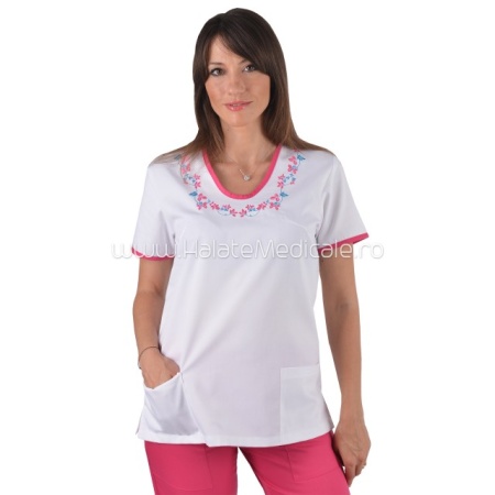 Bluza medicala cu broderie ciclam turcoaz