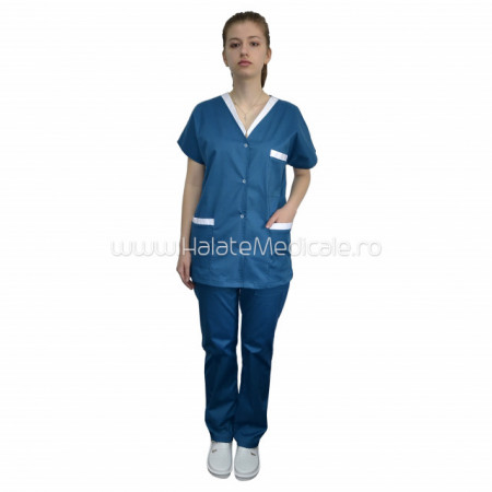Costum medical dama albastru marin din material subtire usor elastic