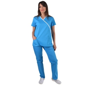 Bluza medicala Y turcoaz cu insertii albe