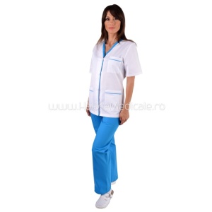 Bluza dama alba cu insertii turcoaz