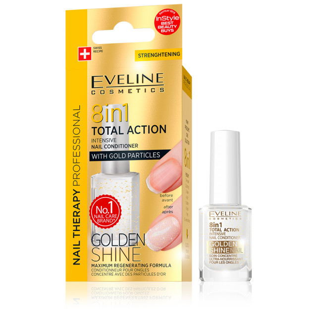 Tratament Unghii 8 in 1 Total Action Golden Shine Eveline Cosmetics, Regenerare Instant cu Particule de Aur