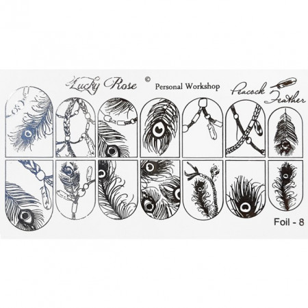 Abtibilduri Unghii pe Bază de Apă, Model PEACOCK FEATHER, Cod Foil-8 Silver, Accesorii Manichiura Nail Art