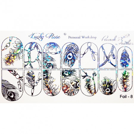Abtibilduri Unghii pe Bază de Apă, Model PEACOCK FEATHER, Cod Foil-8 Silver Reflexes , Accesorii Manichiura Nail Art