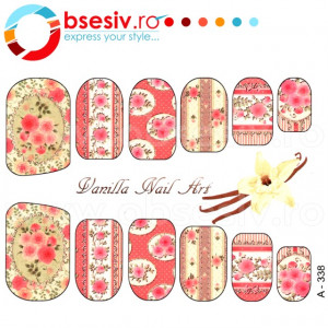 Abtibilduri Unghii pe Baza de Apa, Model 'Fans Of Roses', Cod A-338, Abtibilde Unghii Calitate Superioara