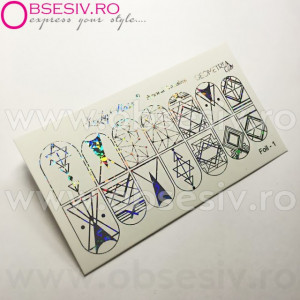 Abtibilduri Unghii pe Bază de Apă, Model GEOMETRIC FORMS, Cod Foil-1 Silver Reflctions, Accesorii Manichiura Nail Art