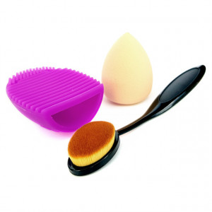 Set Machiaj cu Pensula Ovala, Burete Blending, Pad Curatare