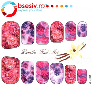 Abtibilduri Unghii pe Baza de Apa, Model 'Beautiful Peonies', Cod A-501, Abtibilde Unghii Calitate Superioara