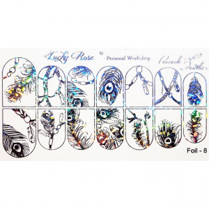 Abtibilduri Unghii pe Bază de Apă, Model PEACOCK FEATHER, Cod Foil-8 Silver Reflexes , Accesorii Manichiura Nail Art