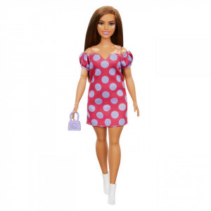 Papusa Barbie Fashionista Satena Cu Rochie Roz Cu Buline