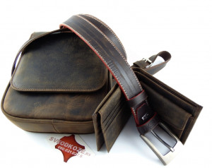 Tamno braon brušena torba novčanik bez kopče i brušeni kaiš