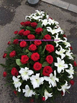Coroane Funerare Trandafiri Rosi si Semiluna Crinii Inperiali