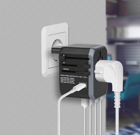 Adaptor incarcator universal priza de calatorie, 4 x USB, 1 x Type-C pentru US, UK, EU, Australia & Asia, BLACK