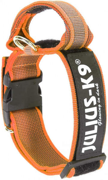 Zgarda din nylon, pentru caini Julius K9 cu maner si siguranta, Portocaliu