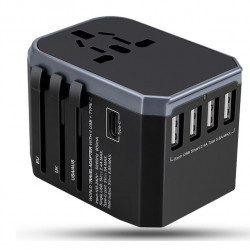 Adaptor incarcator universal priza de calatorie, 4 x USB, 1 x Type-C pentru US, UK, EU, Australia & Asia, BLACK