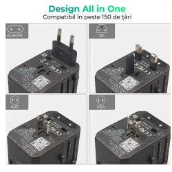 Adaptor incarcator universal priza de calatorie, 4 x USB, 1 x Type-C pentru US, UK, EU, Australia & Asia, BLACK