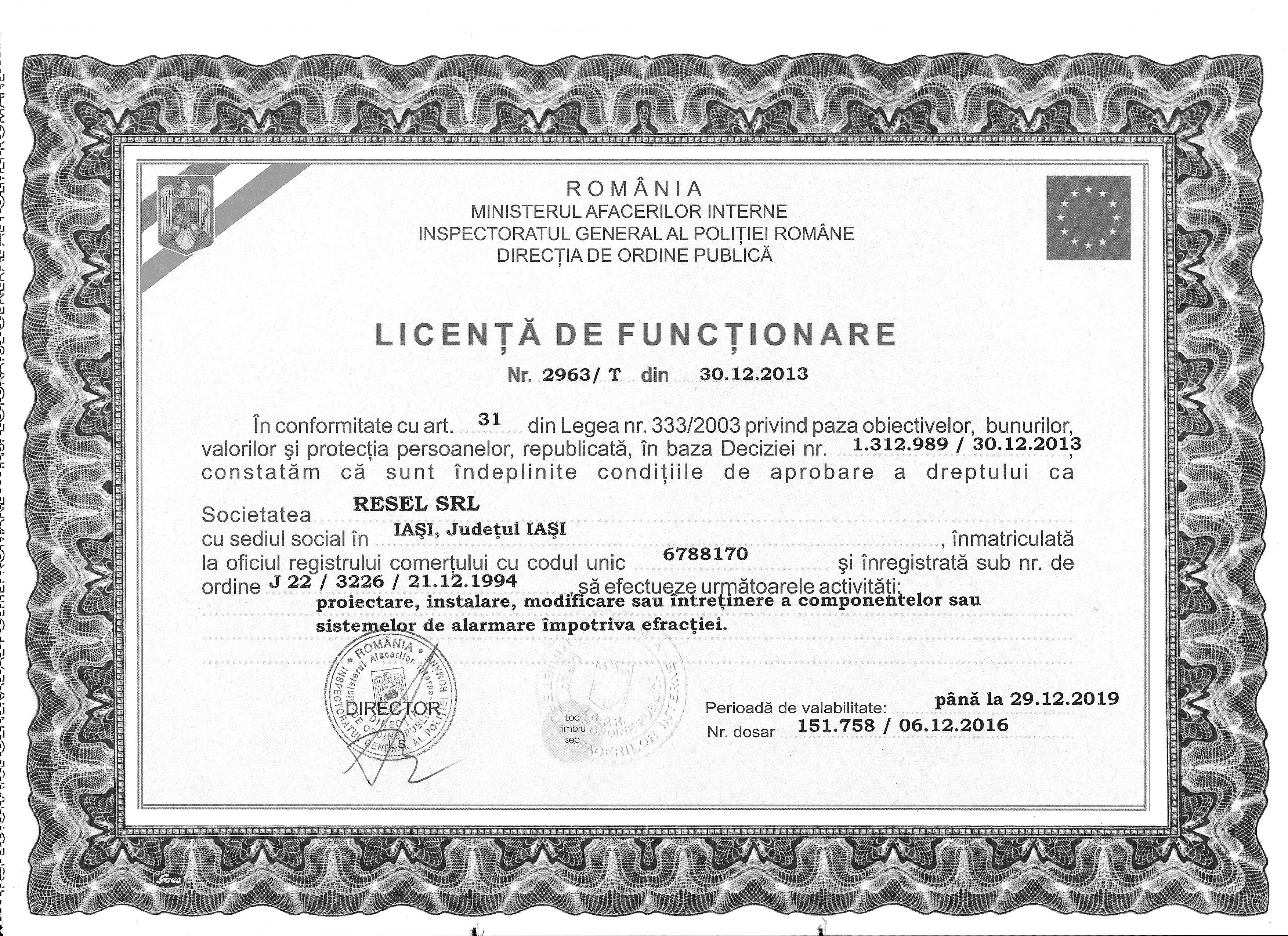 Licenta de functionare