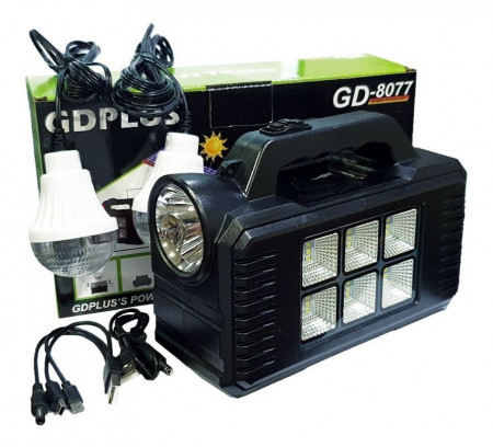 Kit iluminare LED cu încărcare solară GD-8077 - 2 becuri și port USB pentru iluminat și încărcarea dispozitivelor în aer liber
