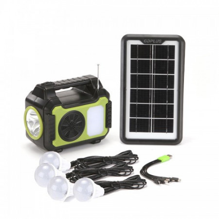 Kit solar GD-8072 echipat cu dispozitive USB , 4 becuri LED si radio pescuit , camping , drumetii